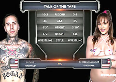 Tattooed wrestler Ruckus dominates Rebecca in a mixed martial sex match with standing fuck, doggystyle and facefucking on the mat