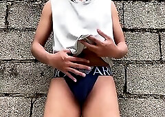 Cute Asian takes a morning walk at the park and masturbates