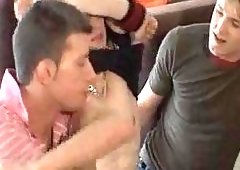 Three guys with erect dongs are burning