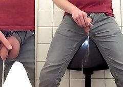 German guy getting off while urinating in public restrooms