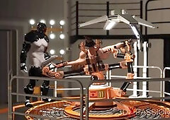 Fuck machine & crazy sex. Male android plays with a horny girl in restraints