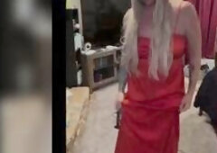 Home alone and already leaking, tall blond mother I'd like to fuck hotwife Carlie Vixen dances in a red suit and white lace pants, rubbing her va