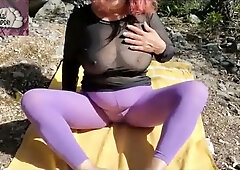 Foot freak worships sweaty heels and silk-covered toes in the middle of the forest