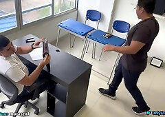 Horny foursome in the classroom, I suck the teachers cock