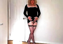 Little black dress and leopard print top stockings