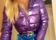 Jess Silk enjoys anal toy ride in sexy turquoise satin dress and shiny purple jacket with blondie wig