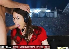 Stunning miniature TV reporter Riley Reid gets fucked by a large dick