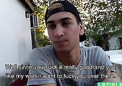 Latino twink blows studs big cock outdoors for money