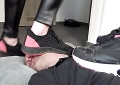 Princess Kimberly and Lisa trample serf Smirni with their sneakers and their in nature's garb feet