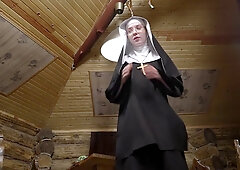 Nun in glasses takes deep throat and rough creampie from tattooed man