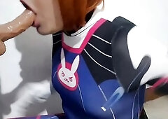 Femboy with Dva Cosplay and S&M Nosehook Giving a Oral pleasure, Eating Cum and Deepthroat to Large Vibrator
