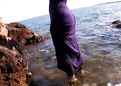 Nasty blond with large bazookas and ebony nylons hard drilled on the beach