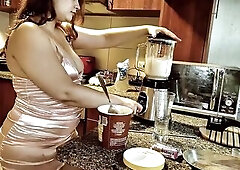 Chunky PAWG Nicole begins in her constricted pink costume in the kitchen, blending up a thick creamy shake. See her gulp it down, her stomach swelling