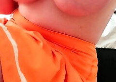 Busty curly brunette with big boobs fucks on couch