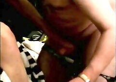 Latin transsexual takes a hard white ramrod into her throat and booty.