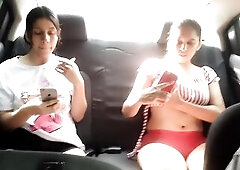 lesbian babes touch and film every other during the time that they drive to their university