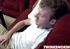 Sexy and cute Jake Parker smoking a cigar and stroking dick