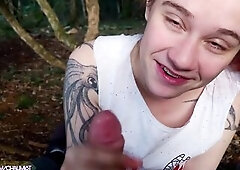 A redhead in the forest asked for my wang and ended up with a cum on her face
