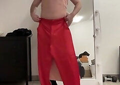 Sexy crossdresser in satin outfit gets naughty