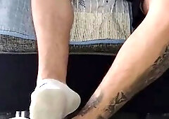 Foot licking, gay foot worship, cum on foot