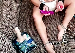 Diaper slave boy chained, chastyti belt. Full diaper.