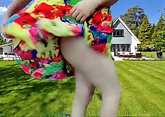 Steaming t-model striptease in the public in the garden