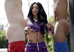 Horny Ladyboy interrupts in the basketball game of the boys in the court.She throats two hard big cocks passionately and in return,the two guy licks h