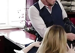 Dazzling blonde shemale sucks a man off before being railed