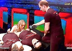 The tattooed blond kneels and sucks multiple dicks unfathomable into her throat. This babe gets her face pounded hard whilst surrounded by the dudes. 