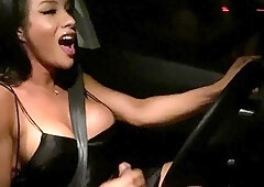 Tranny with big tits tugs on her big cock