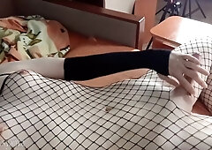 Ultra-Cute tgirl in fishnet bondage suit is naughty and need to spunk in your facehole