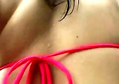 Hot Japanese come out in the car with sexy bikini. She dancing while playing her panty with pussy. She remove her bra showing her natural tits continu