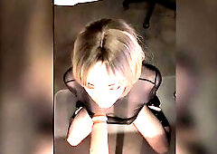 POV penis sucking, deepthroat Blond in Boots, fishnets, corset and red pvc dress