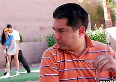 Gorgeous long-legged brunette Rachel Starr fucks with a golf player