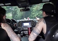 I'm driving home in my large truck when I watch a impressive, tattooed youthful stud jogging along the road. I stop the vehicle and tempt him int