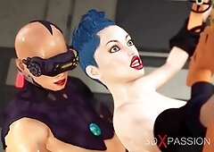 Busty young woman with magnificent breasts gets drilled hard by a dominant cyber dickgirl in prison restraints