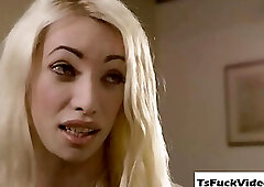 Horny Blonde tranny Sasha deSade spreads legs and