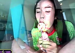 Big tits Asian ladyboy Alice sucks a lollipop and ass fucked bareback