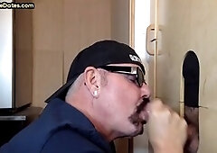 Inexperienced DILF gives and receives at the gloryhole in bareback and ass-to-mouth fun