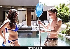 Ariella Ferrera's big boobs bounce as she takes on a pool boy's cum load