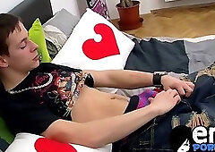 Twink with attitude Timmy Clark tugs dick before self facial