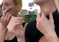 Drag Queen and Woman Putting on Foundation