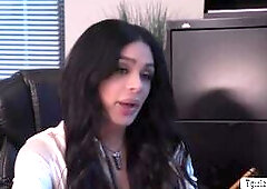 TS boss Eva Maxim lets her bald employee suck her hard shecock in her office passionately.After that,she lets him bareback fuck her tight wet ass so d