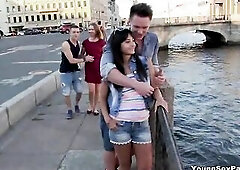 Those boys take their girlfriends for a walk along the town river and then dare those teen gals to show 'em how they kiss.