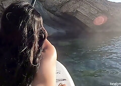 Asian beauty bares it all on Ibiza's paddleboard before passionate indoor rendezvous