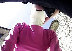 Laura on Heels amateur 2021 on pink outfit in outdoor oral pleasure and masked oral-job creampie