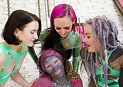 Femdom Anuskatzz dominates Trans Hotty with her Latex bitch goddess allies with Belt on and Sex tool