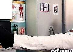 Doctor masturbates while bearded patient licks his feet