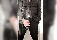 Dude in costume playing with schlong at work in the office