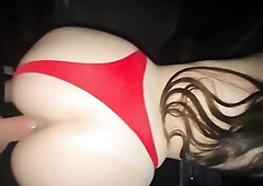 Making an blameless beauty cum in a car at night. Real public bang